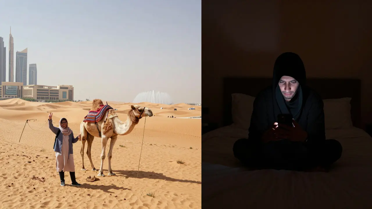 A split image contrasting Dubai tourism imagery with an underground adult filming scene.