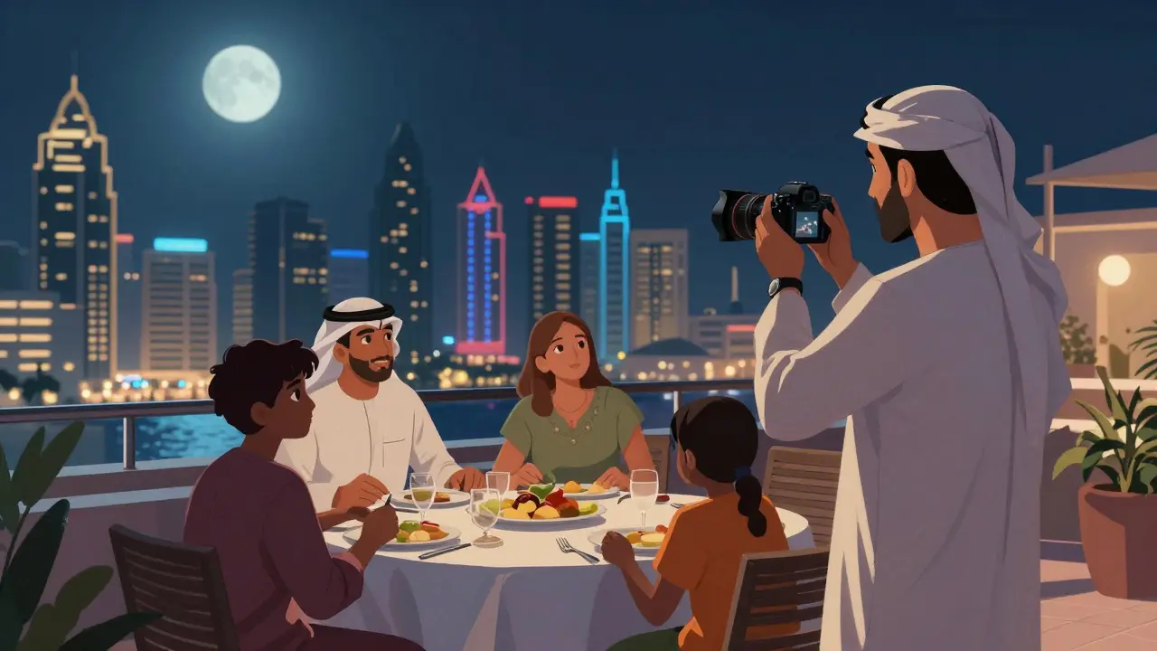A tourist pauses taking a photo of a local family on a rooftop terrace, respecting privacy under Dubai's night skyline.