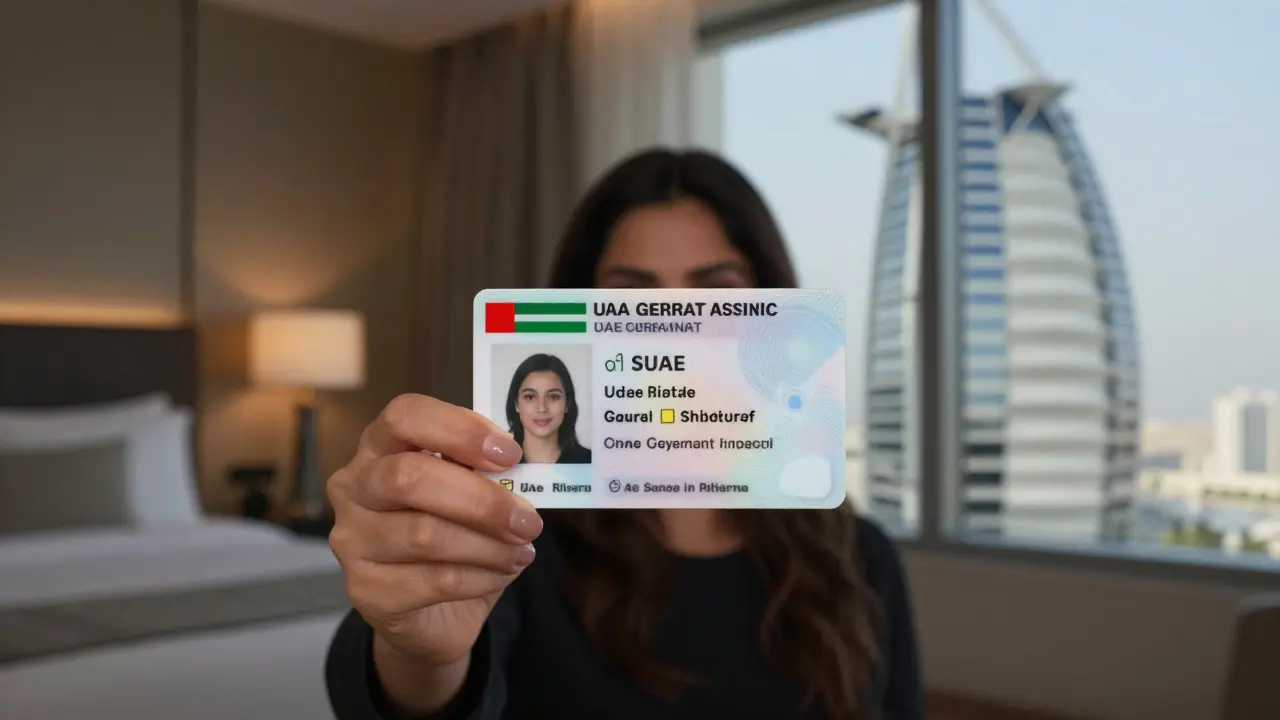A woman showing her UAE ID during a video call, with the Burj Al Arab visible in the background.