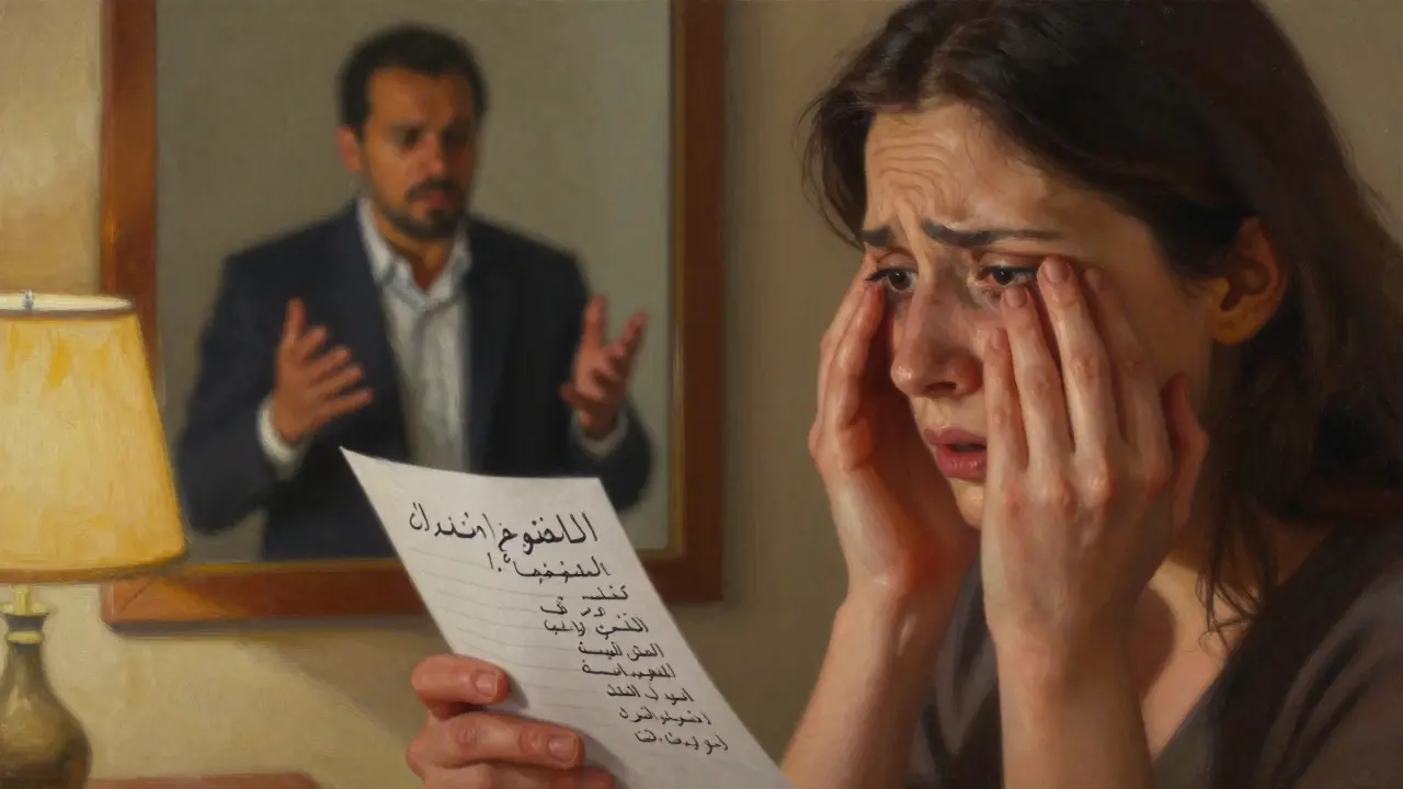 A woman stares in fear at Arabic client instructions, her reflection showing a looming figure behind her.