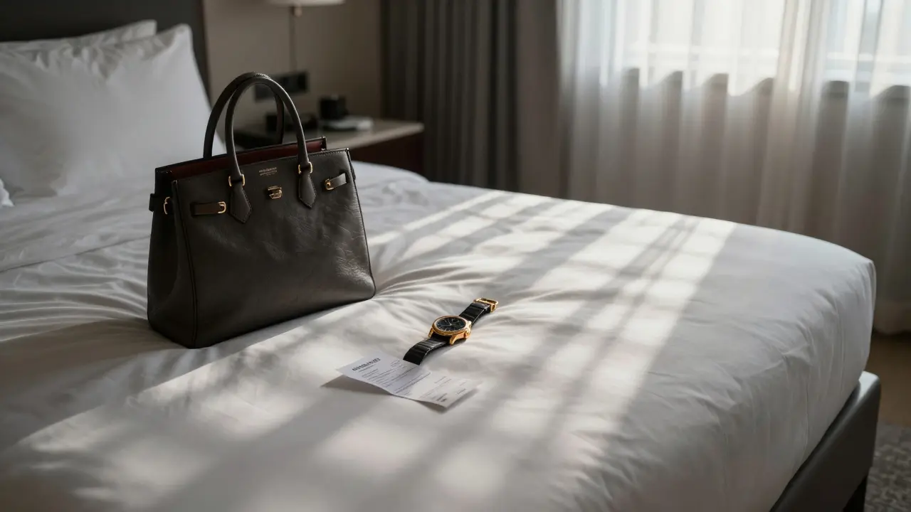 An abandoned luxury hotel room with a designer handbag and watch left on the bed.