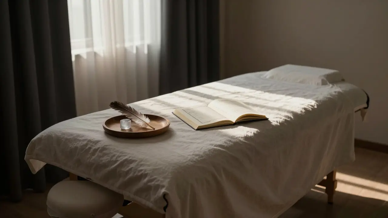 An empty massage room at dawn with a blanket, feather, and ice cube on a tray, symbolizing a completed kink-focused session.