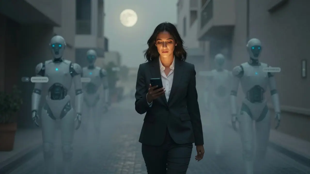 An escort walking alone at night as ghostly AI avatars fade behind her, symbolizing human vs digital companionship.