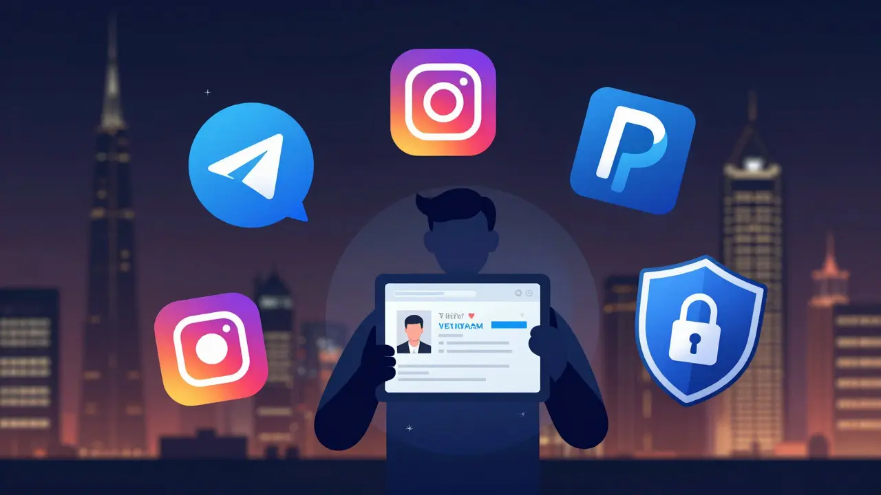 Digital icons of messaging apps and payment tools surrounding a person with verified ID and reviews, set against Dubai's skyline.