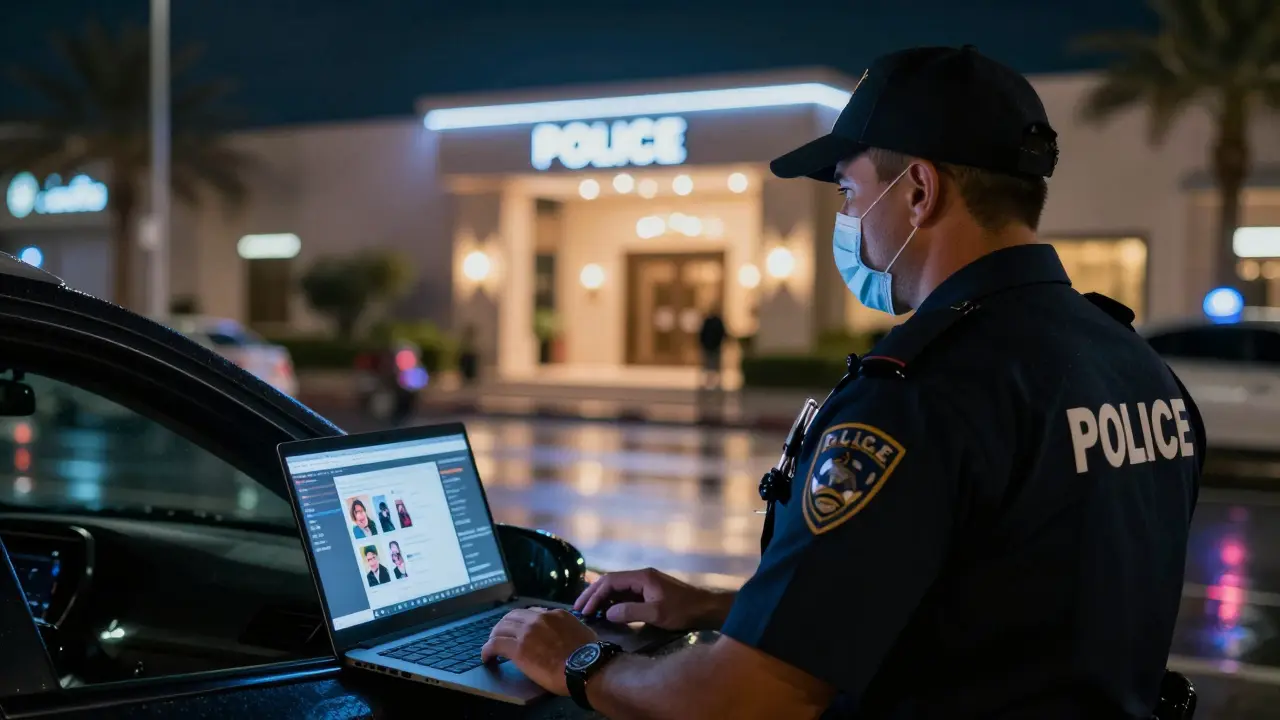Dubai Police officer conducting undercover operation outside spa