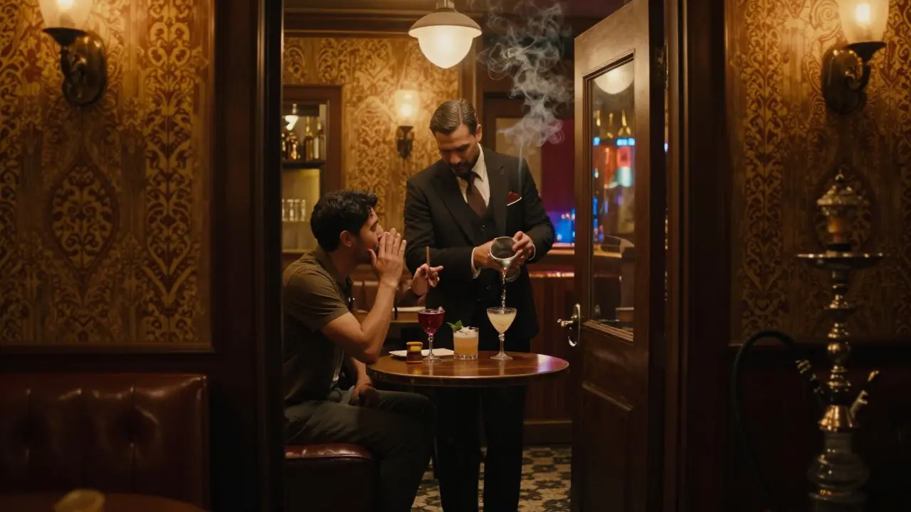Hidden speakeasy bar behind a barber shop door, dim lighting, leather booths, and a man whispering to a doorman.