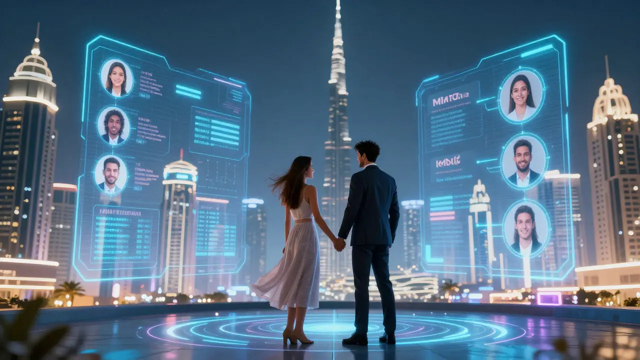 Holographic interface connecting a couple in Dubai's smart city.