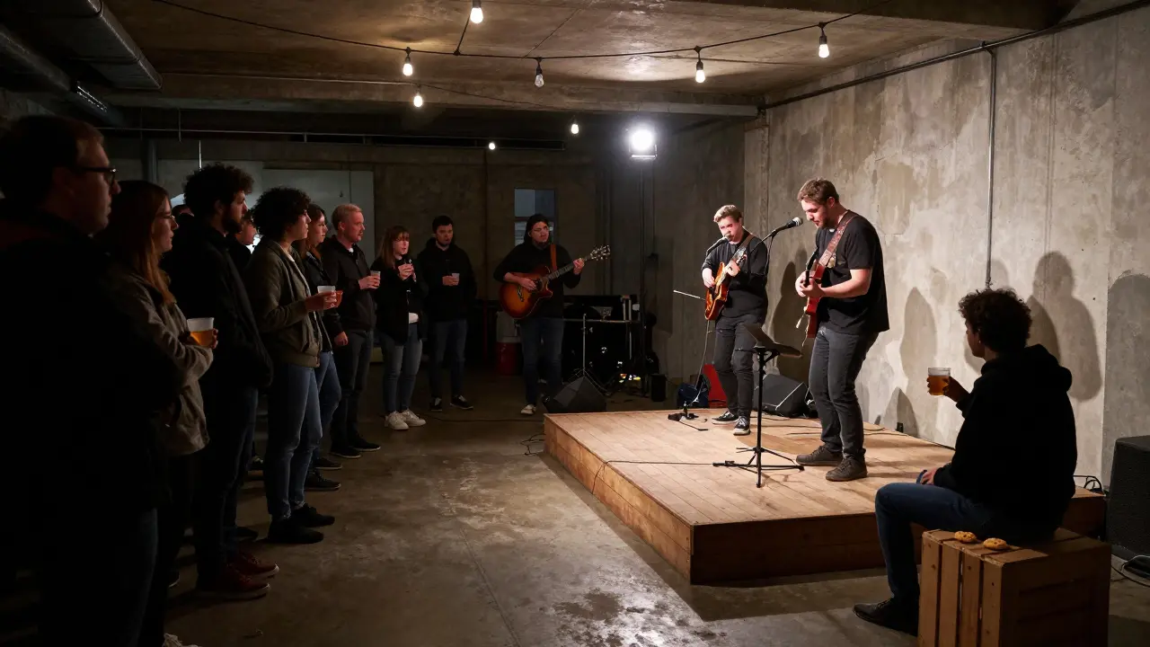 Local musicians improvise in a raw warehouse space, the crowd silent under string lights.