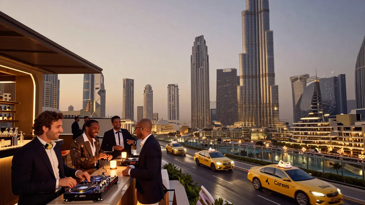 Luxury bachelor party transition from rooftop lounge to sky-high bar with Burj Khalifa glowing in the night.