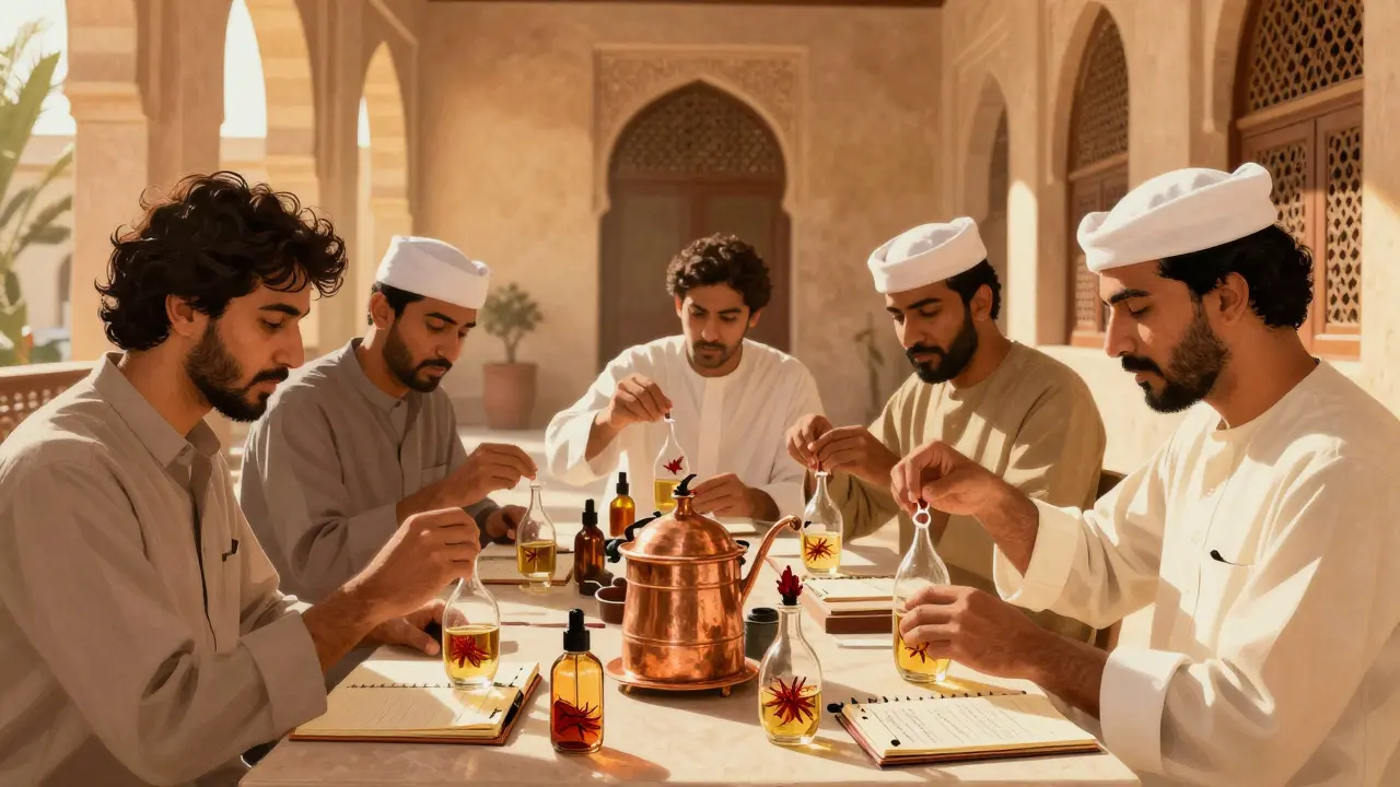 Men creating custom perfume with oud and saffron in a traditional Arabian aromatics shop.