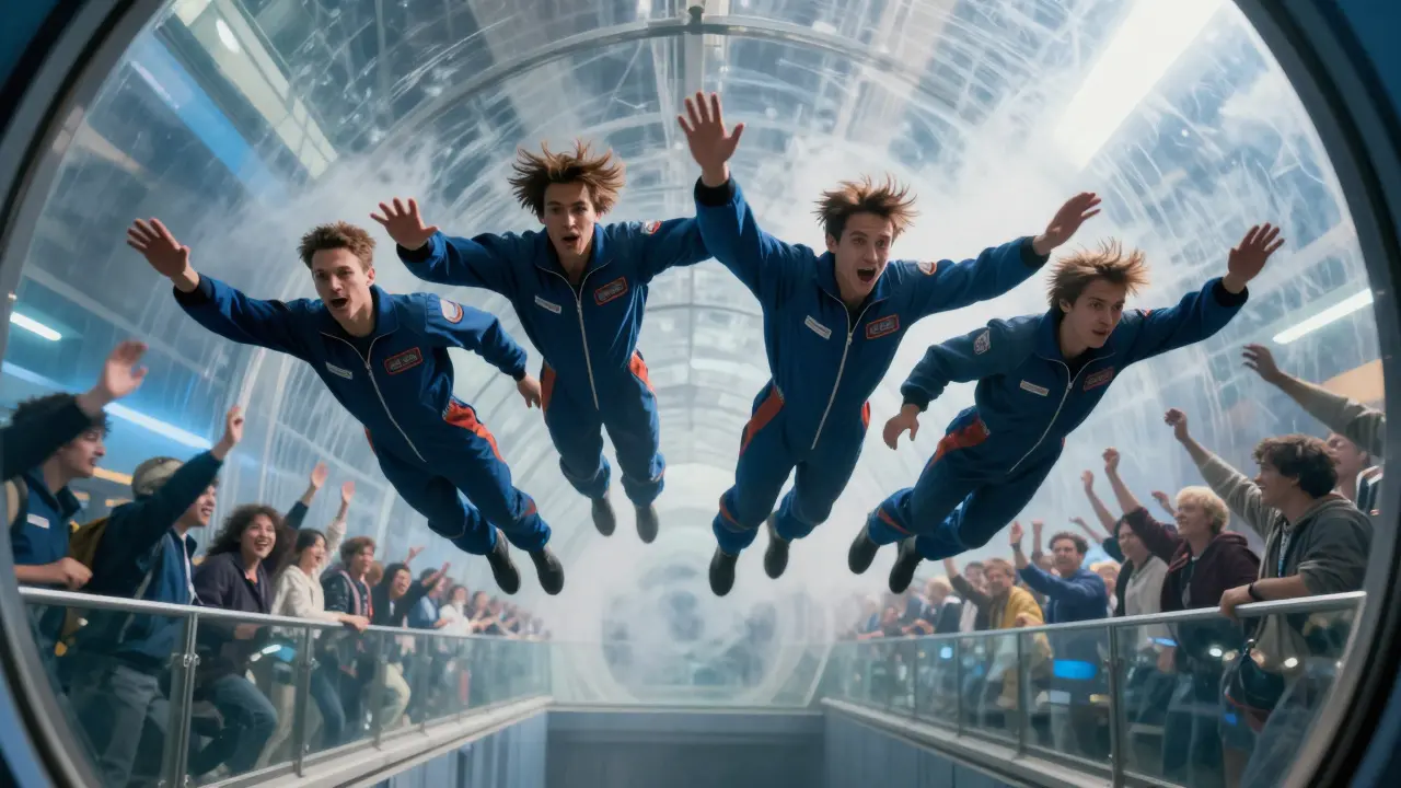 Men floating in mid-air inside an indoor wind tunnel while others cheer from behind glass.