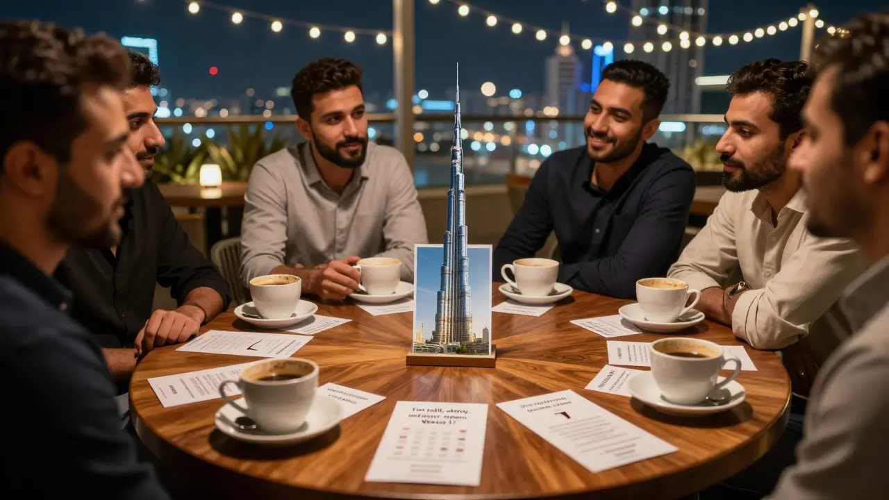 Men gathered around a table with Arabic riddle cards, Burj Khalifa reflected in a glass.