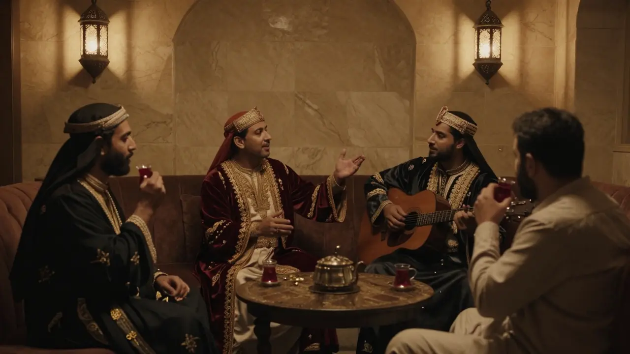 Performers in ornate Arabian costumes telling a historical story in a candlelit private lounge, no skin exposed, only cultural artistry.