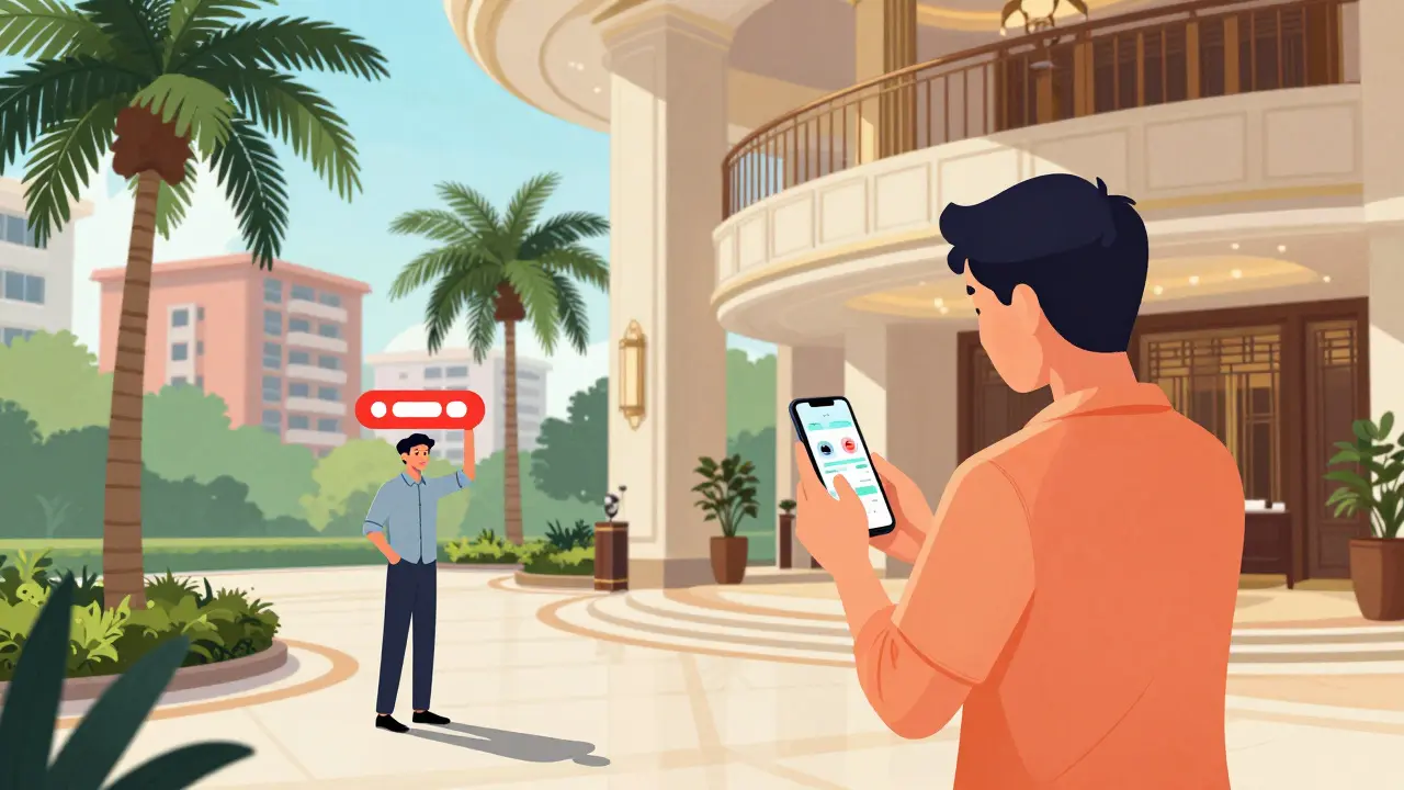 Person in hotel using dating app, another in residential area with blocked notification.