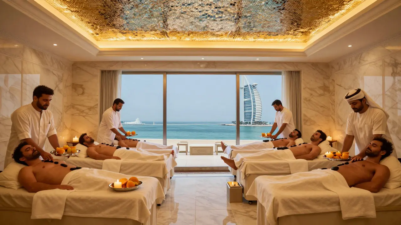 Six men receiving hot stone massages in luxurious private rooms at Burj Al Arab Spa, gulf views, mosaic ceilings, golden light.