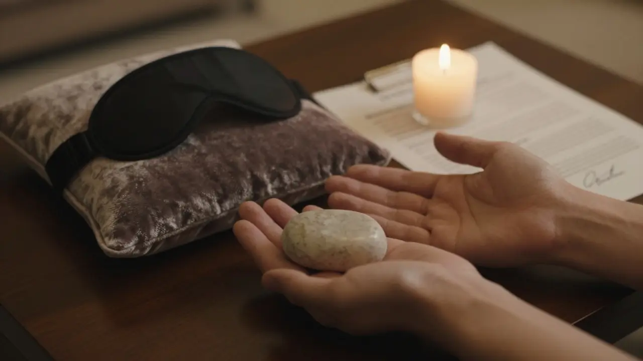 Two hands—one holding a chilled stone, the other resting in surrender—beside a blindfold and consent form in a quiet Dubai room.