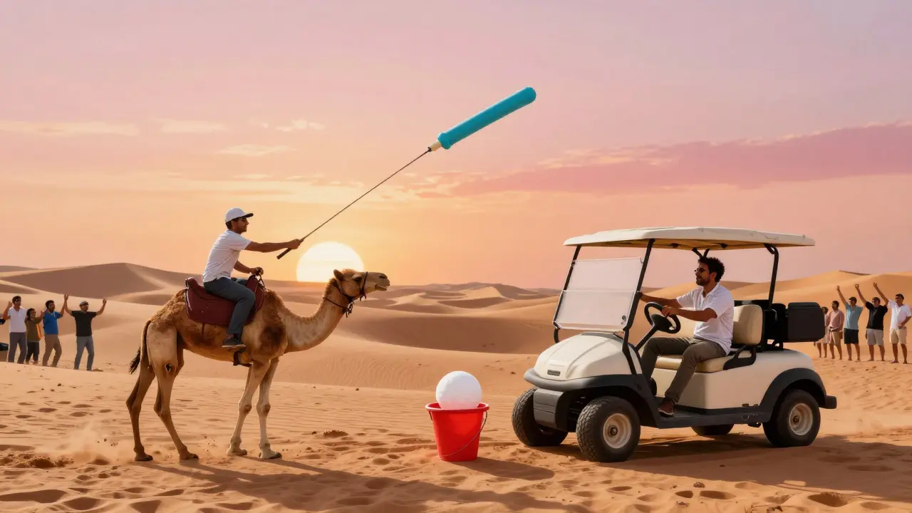 Two men on golf carts playing Camel Polo with pool noodles in the desert at sunset.