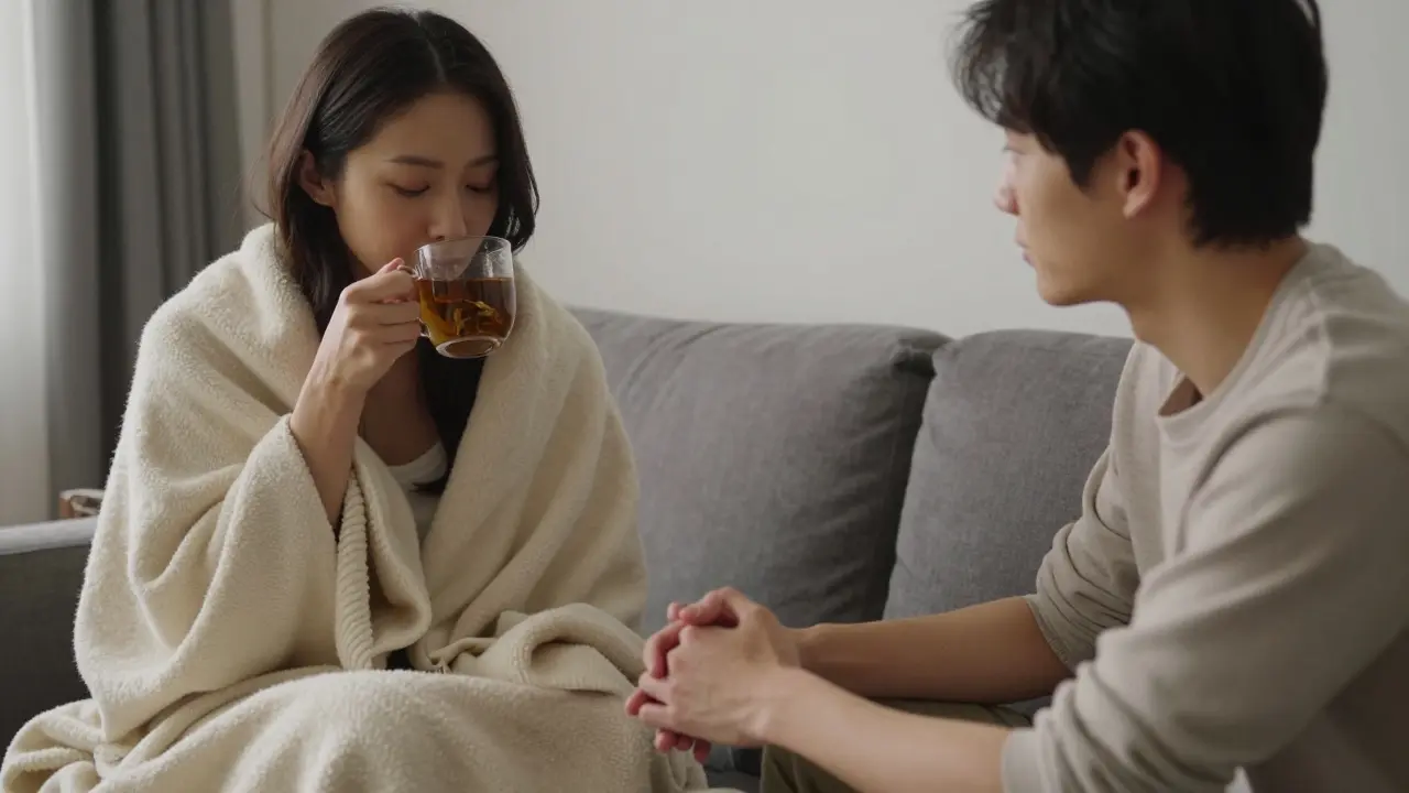 Two people sitting quietly in a cozy lounge after a session, one wrapped in a blanket, sharing a gentle touch.