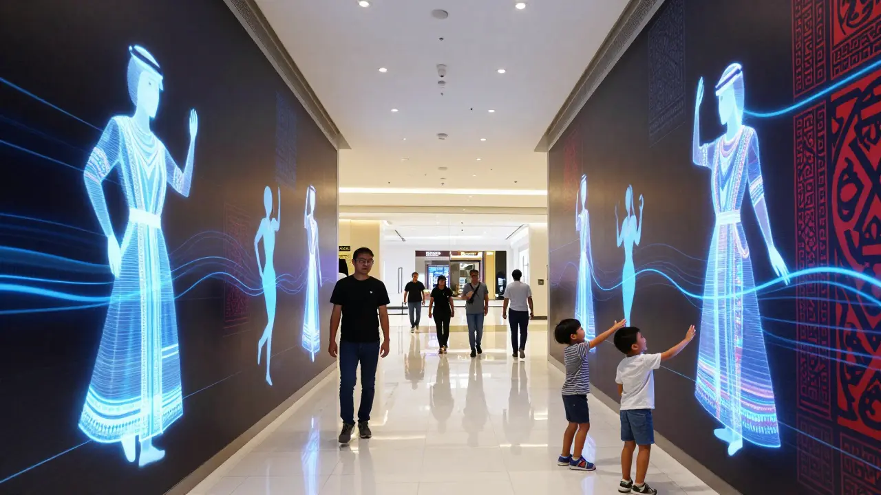Visitors interacting with animated digital murals of abstract dancers in a Dubai mall, blending tradition and futuristic technology.
