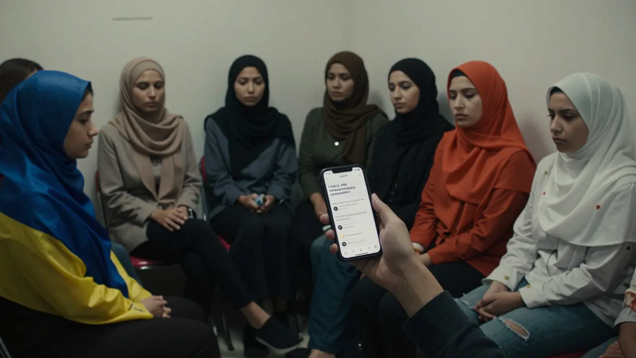 Women from different countries sit alone in a silent meeting room, each isolated despite being together.