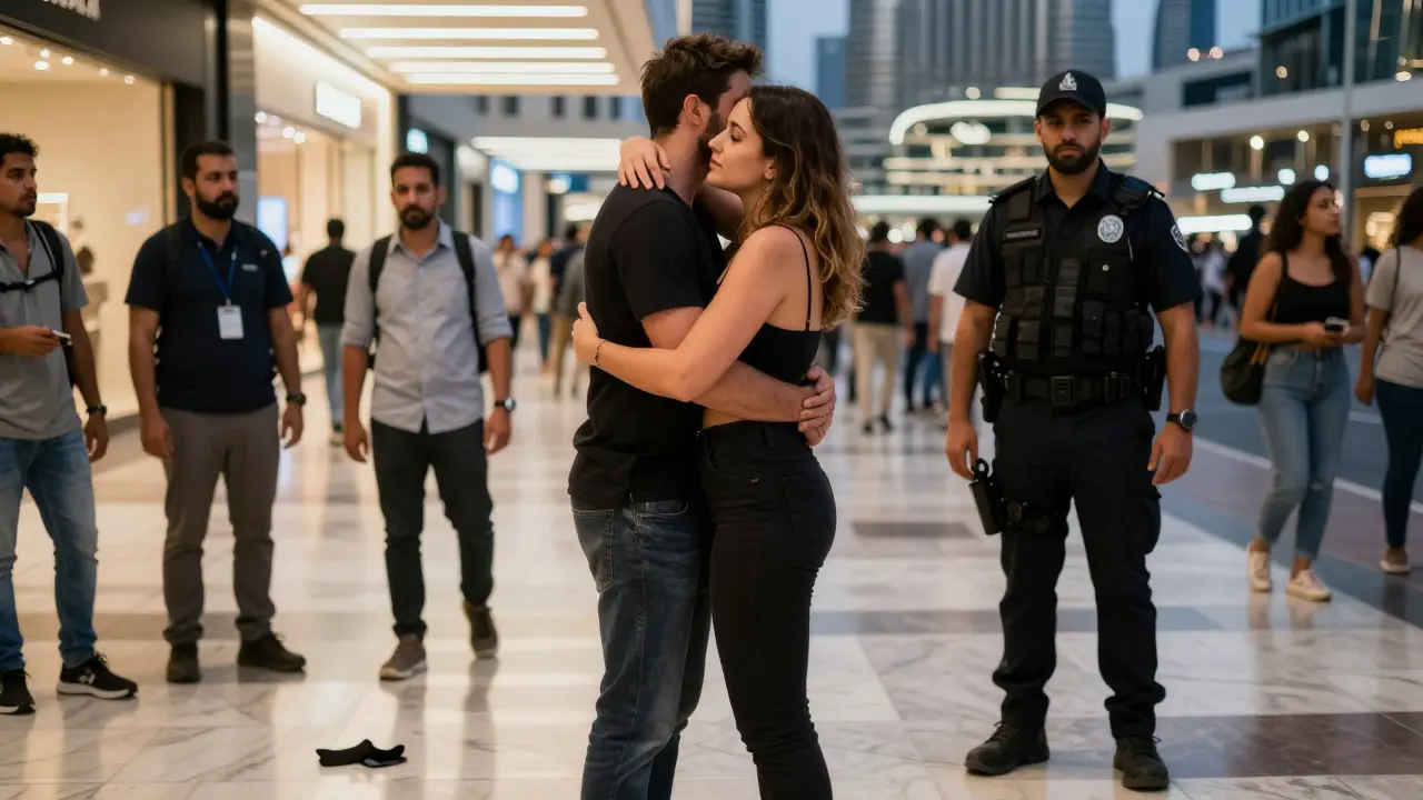 A couple frozen in a crowded Dubai mall, security guard watching as public affection becomes a risk.