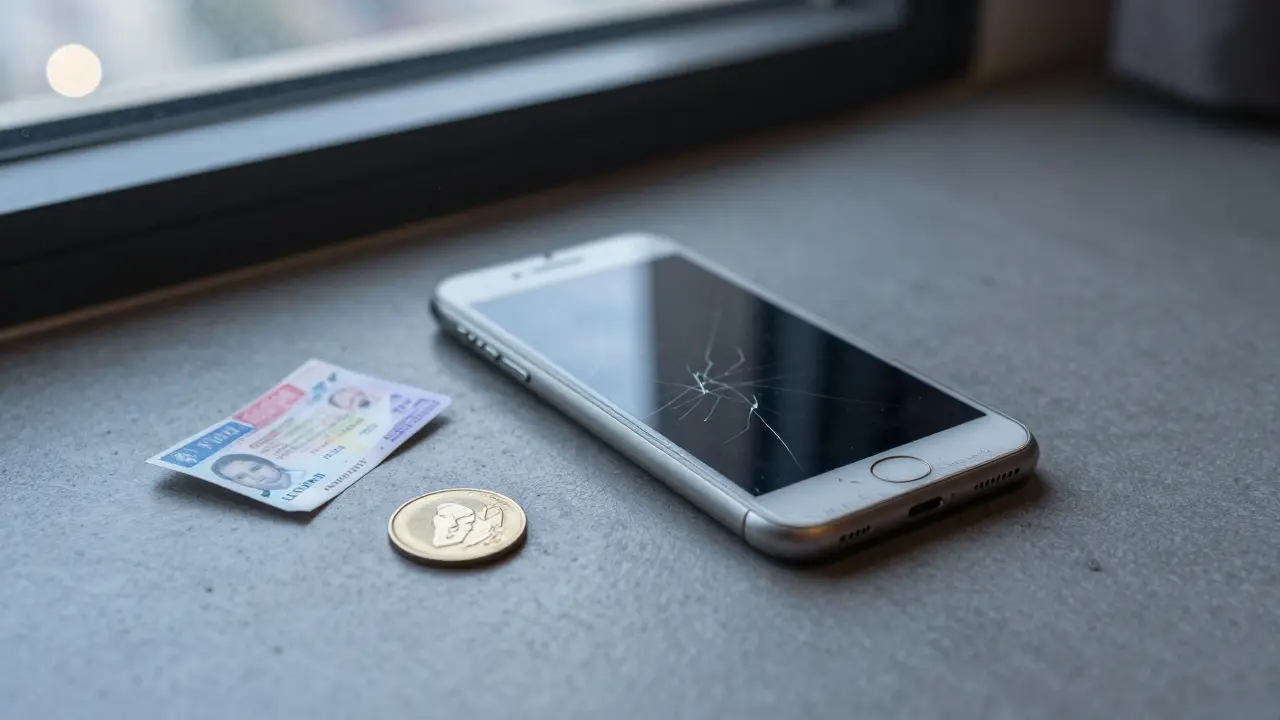 A cracked smartphone lies on a hotel room floor beside a visa stamp and a single dirham coin.