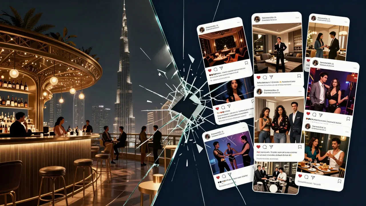 A fractured mirror reflecting Dubai’s authentic rooftop bar scene on one side and fake social media clips on the other, symbolizing myth versus reality.