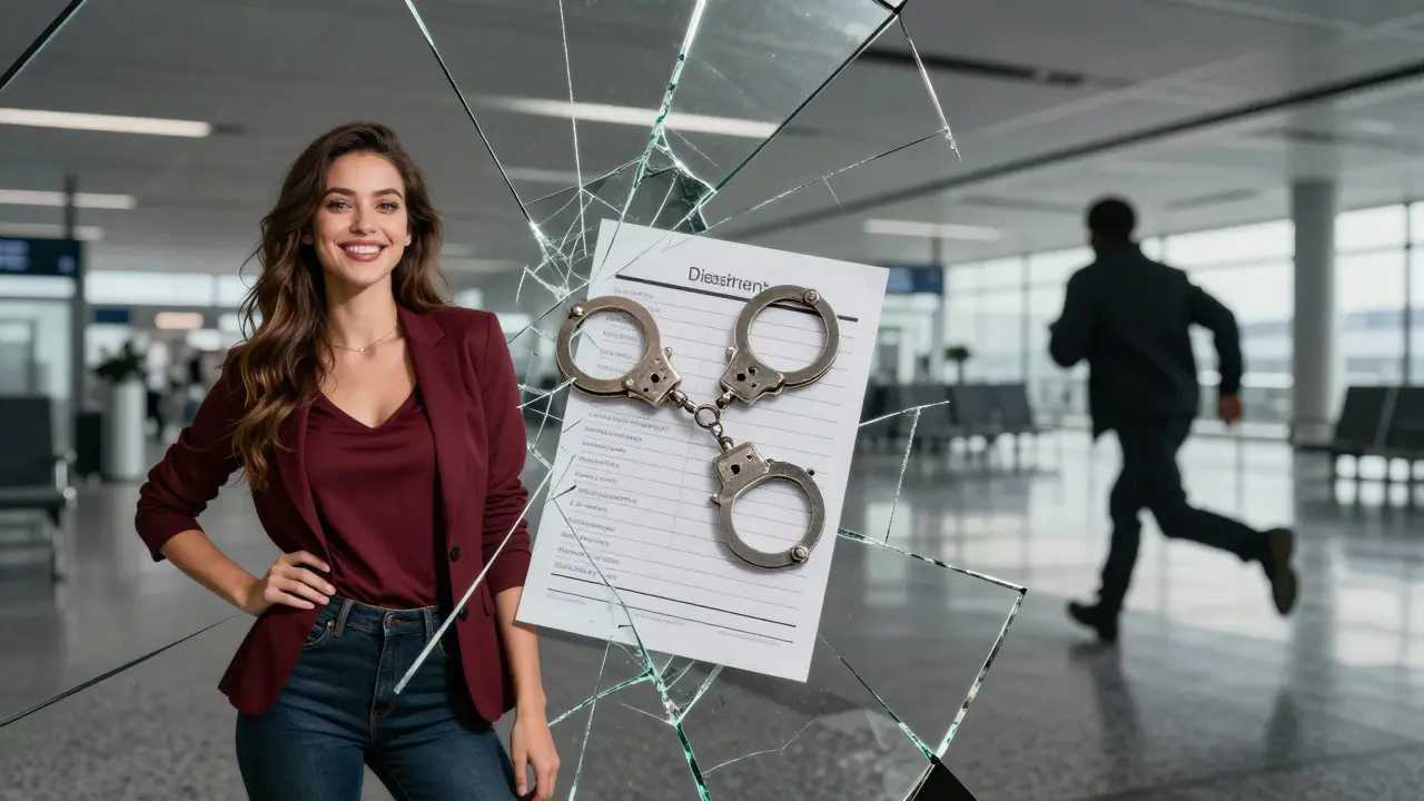 A fractured mirror showing three images: a performer, handcuffs, and a fleeing figure, symbolizing deception and consequences.