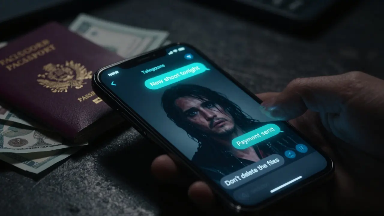 A glowing smartphone screen showing encrypted messages about illegal content production, with cash and passports nearby.