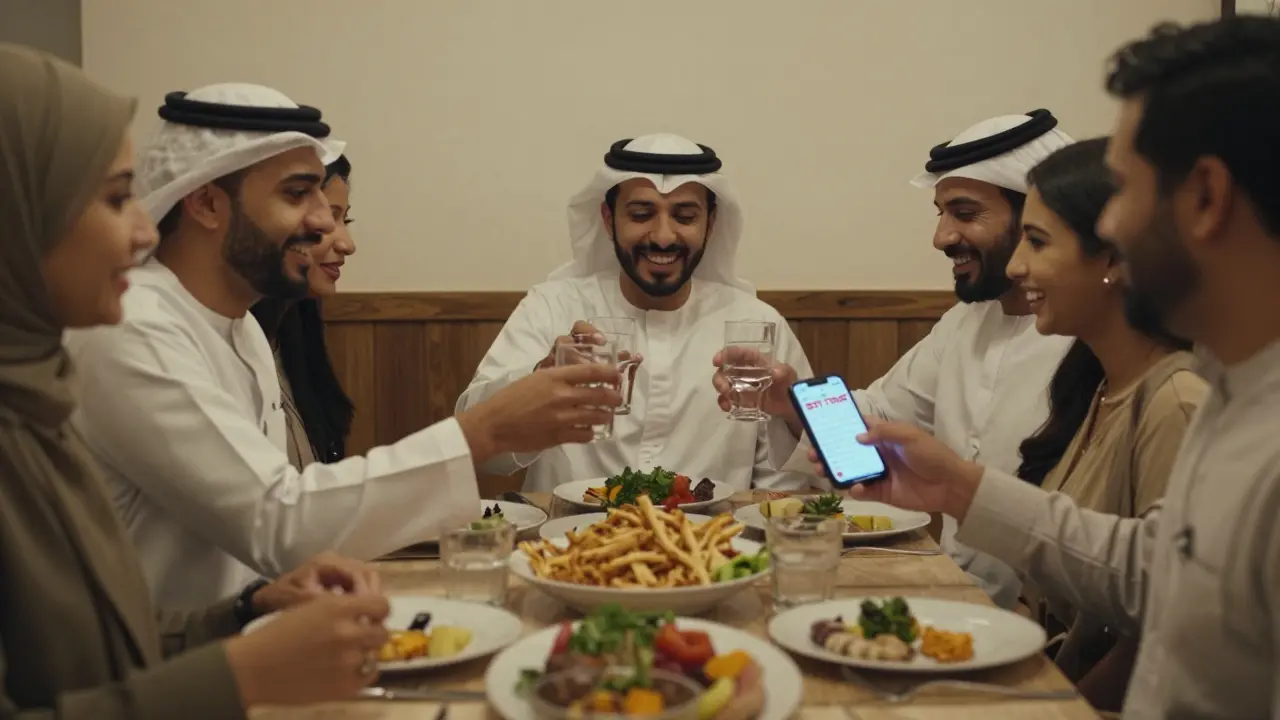 A group of five people sharing a quiet dinner, laughing together in a restaurant in Ras Al Khaimah.