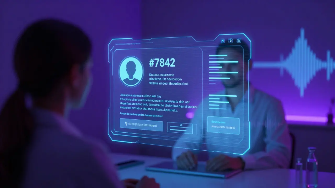 A holographic privacy interface showing an anonymized client profile surrounded by encrypted data streams and secure payment confirmation.