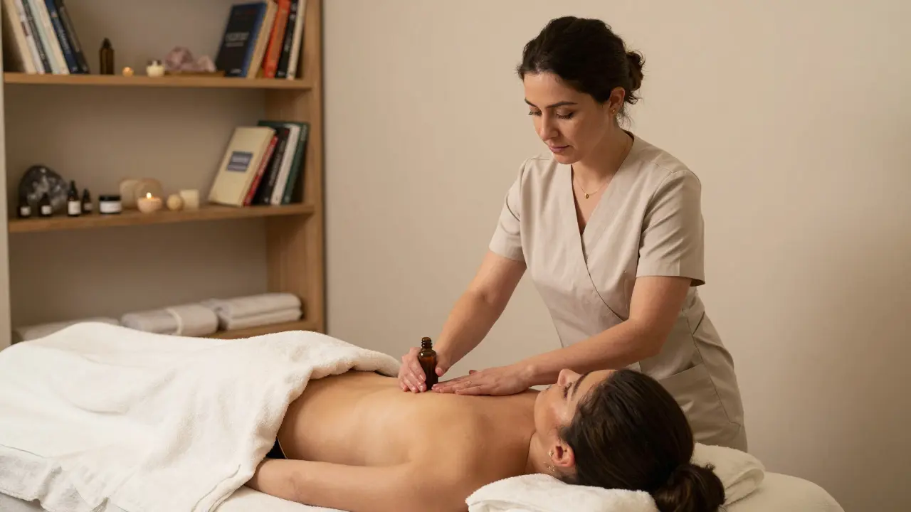 A licensed therapist performing a Yoni massage with professionalism, using warm towels and organic oils in a private holistic studio.