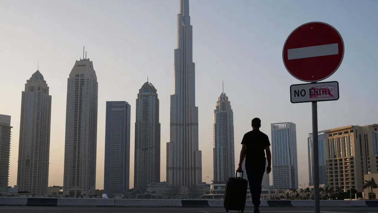 A lone figure walks away from a luxury hotel at dawn, with Dubai’s skyline behind, under a fading visa stamp and 'No Entry' sign.