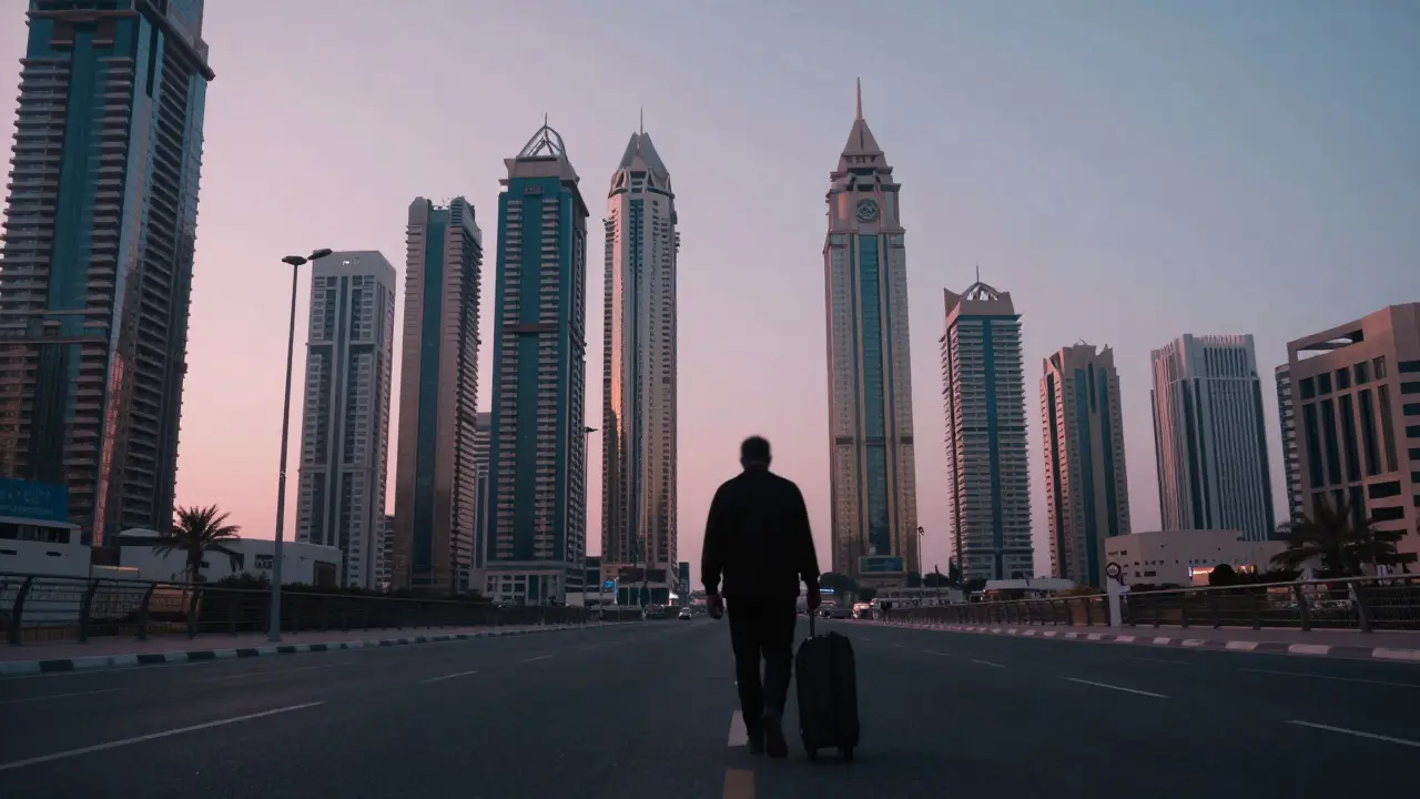 A lone figure walks away from Dubai's skyline at dawn, suitcase in hand, head down, blending into the empty street.