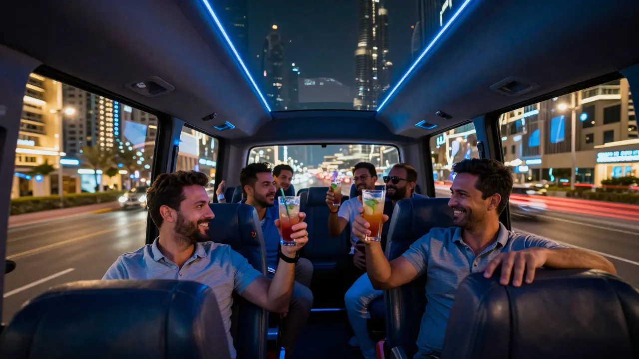 A minibus driving through Dubai's neon-lit streets at night, passengers laughing with mocktails inside.