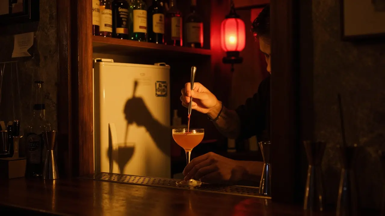 A mixologist preparing a unique cocktail in a hidden speakeasy with warm amber lighting and a red lantern.