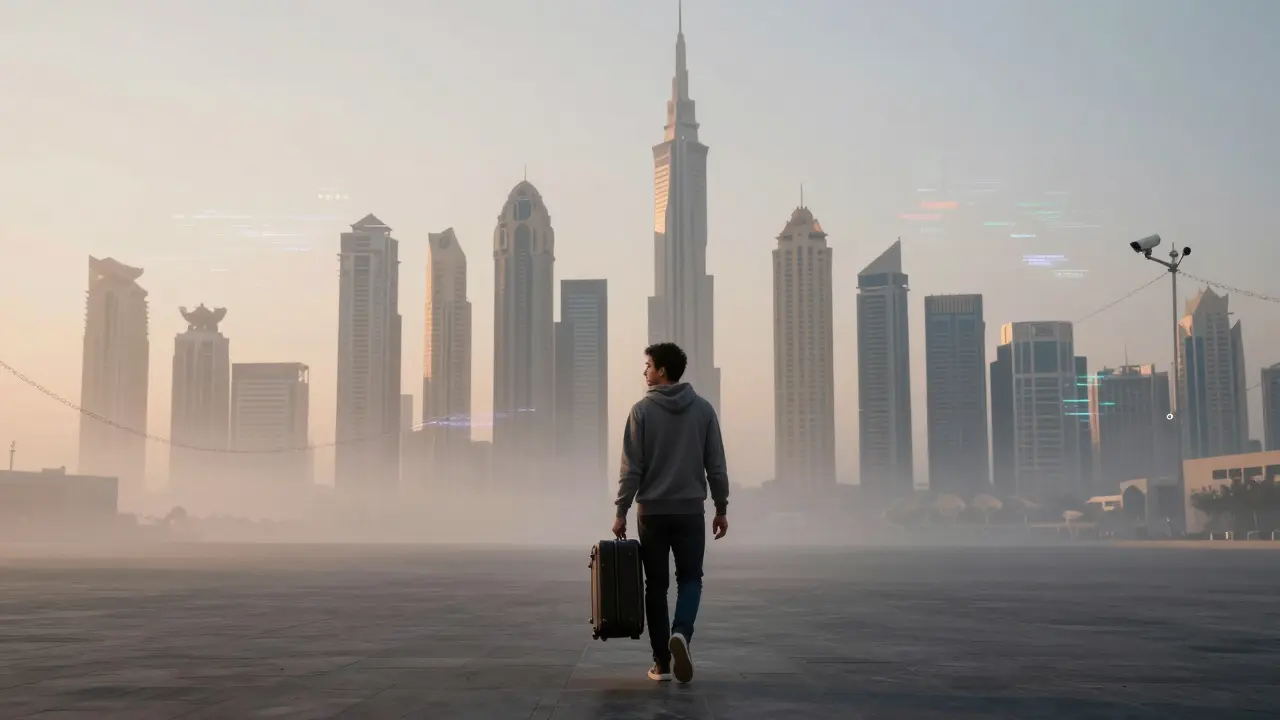 A person walking away from Dubai's skyline at dawn, haunted by ghostly surveillance cameras and digital chains.