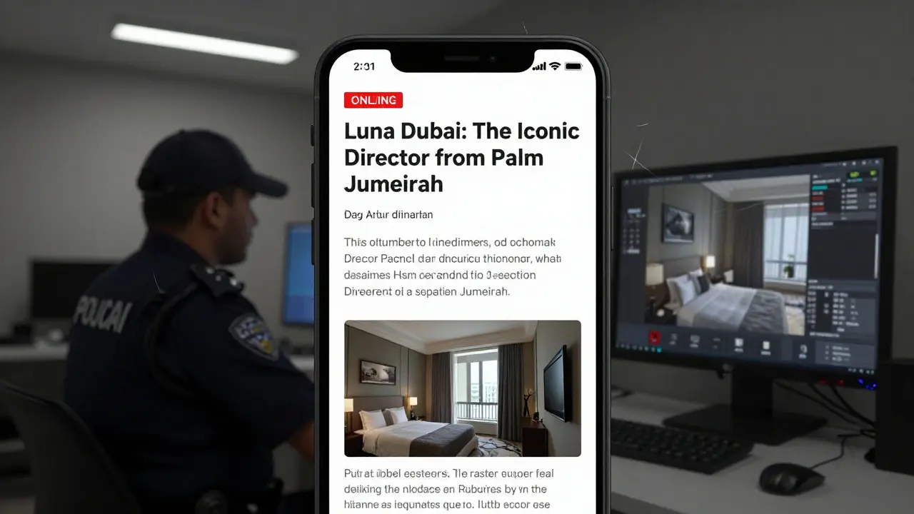 A police officer reviews digital evidence of a fake adult film article on a monitor in Dubai.
