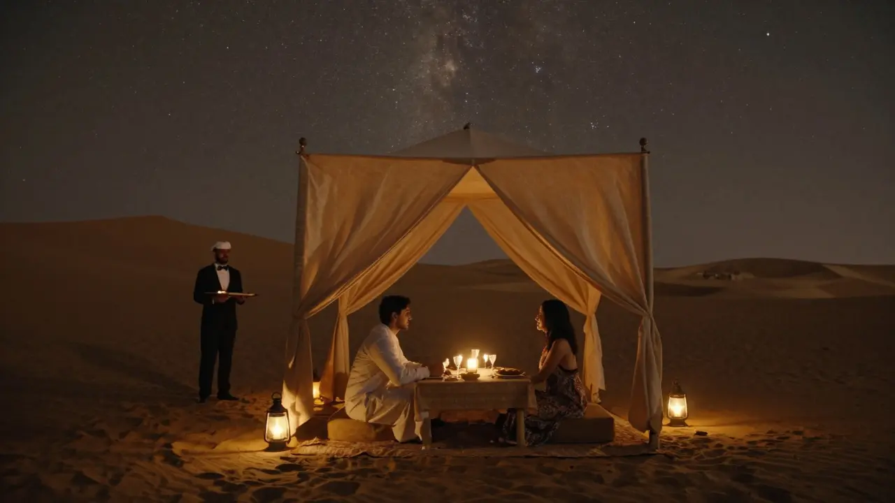 A private dinner under the stars in the Dubai desert, lit by lanterns and surrounded by dunes.