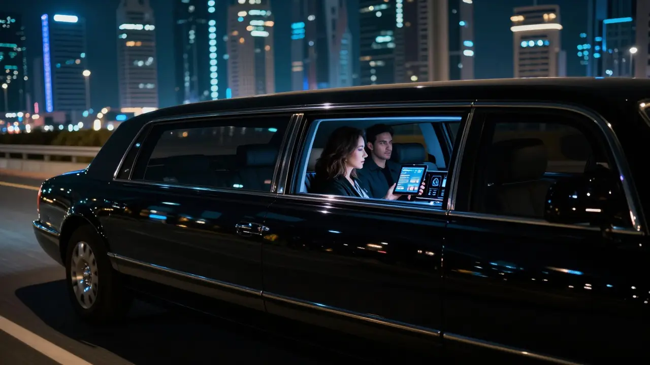A private limousine cruising along Dubai Marina at night, reflecting city lights through tinted windows.