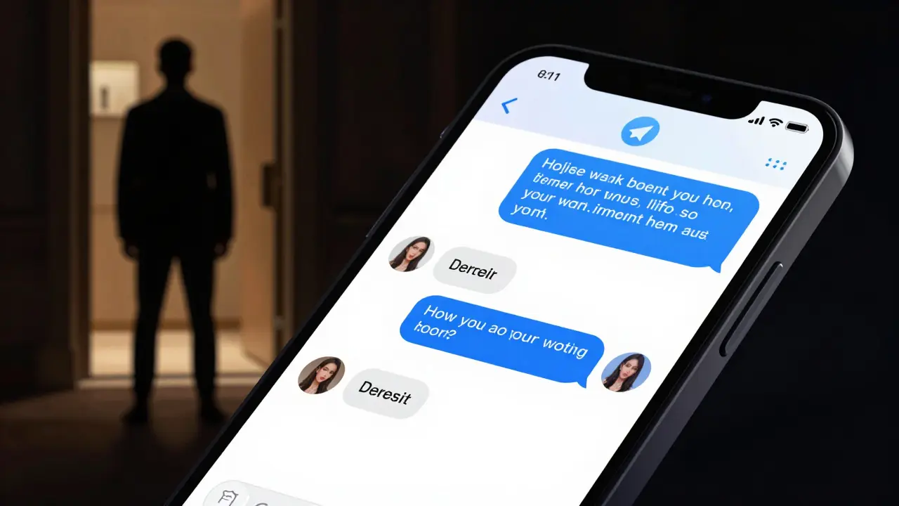 A smartphone screen displays suggestive Telegram messages with a profile photo, while a shadowy figure stands near a hotel door.