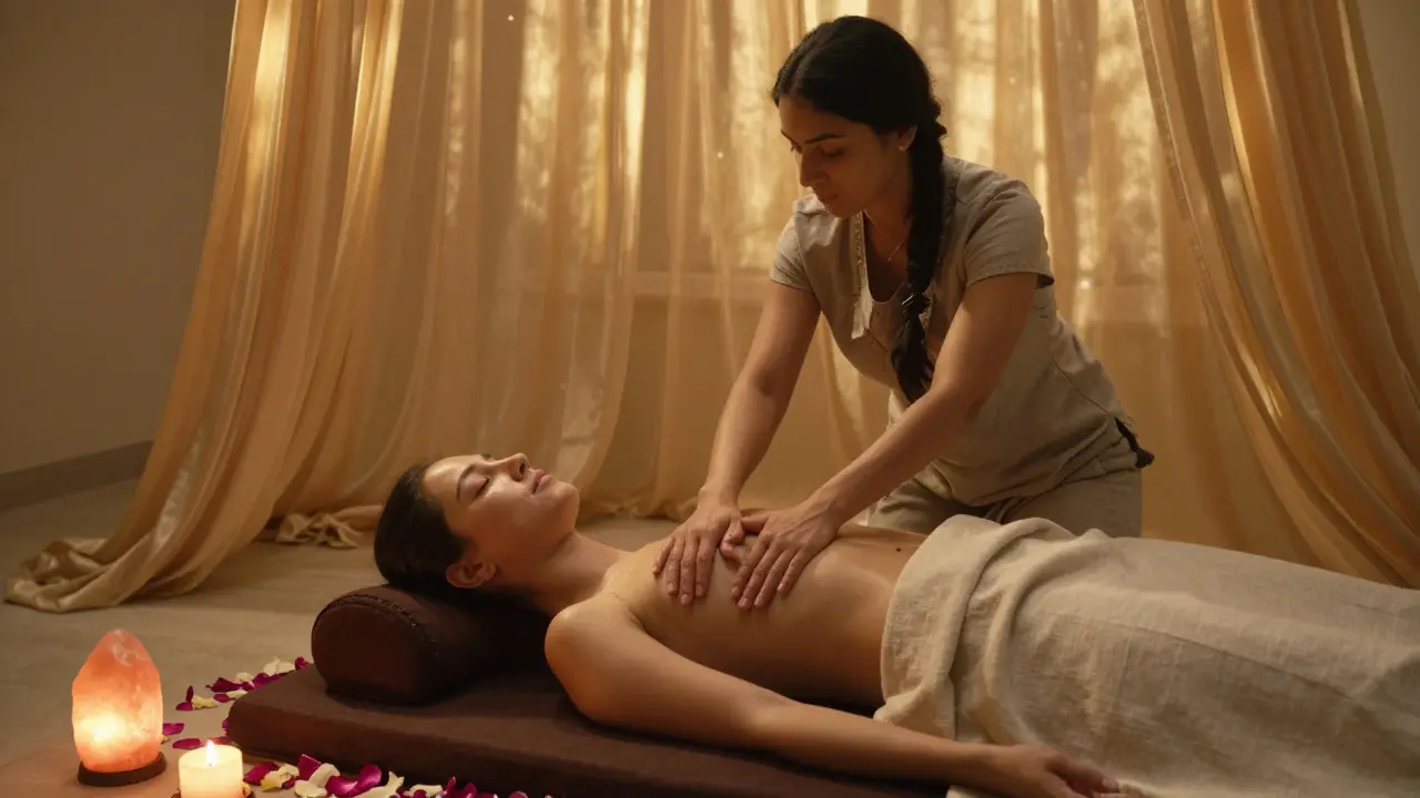 A Tantric massage session in Dubai with therapist guiding breath and energy flow, surrounded by soft drapes and warm lighting.