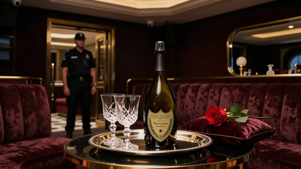 A VIP booth with a bottle of Dom Pérignon, crystal glasses, and a rose on velvet, while a discreet security guard stands nearby in a high-end Dubai venue.