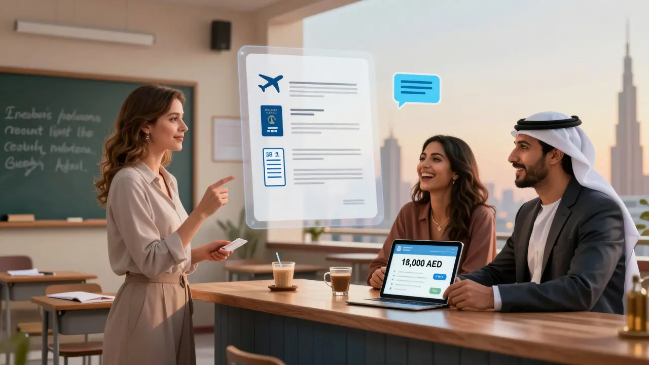 A woman's life split between teaching in Eastern Europe and working as a companion in Dubai, with a floating contract showing financial gain.