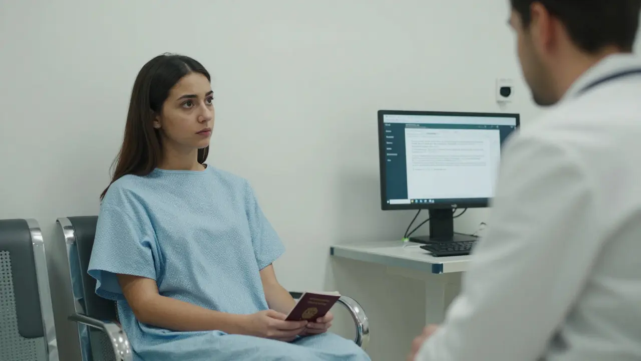 A woman in a clinic waiting room clutching her passport as a doctor looks at a flagged medical report.