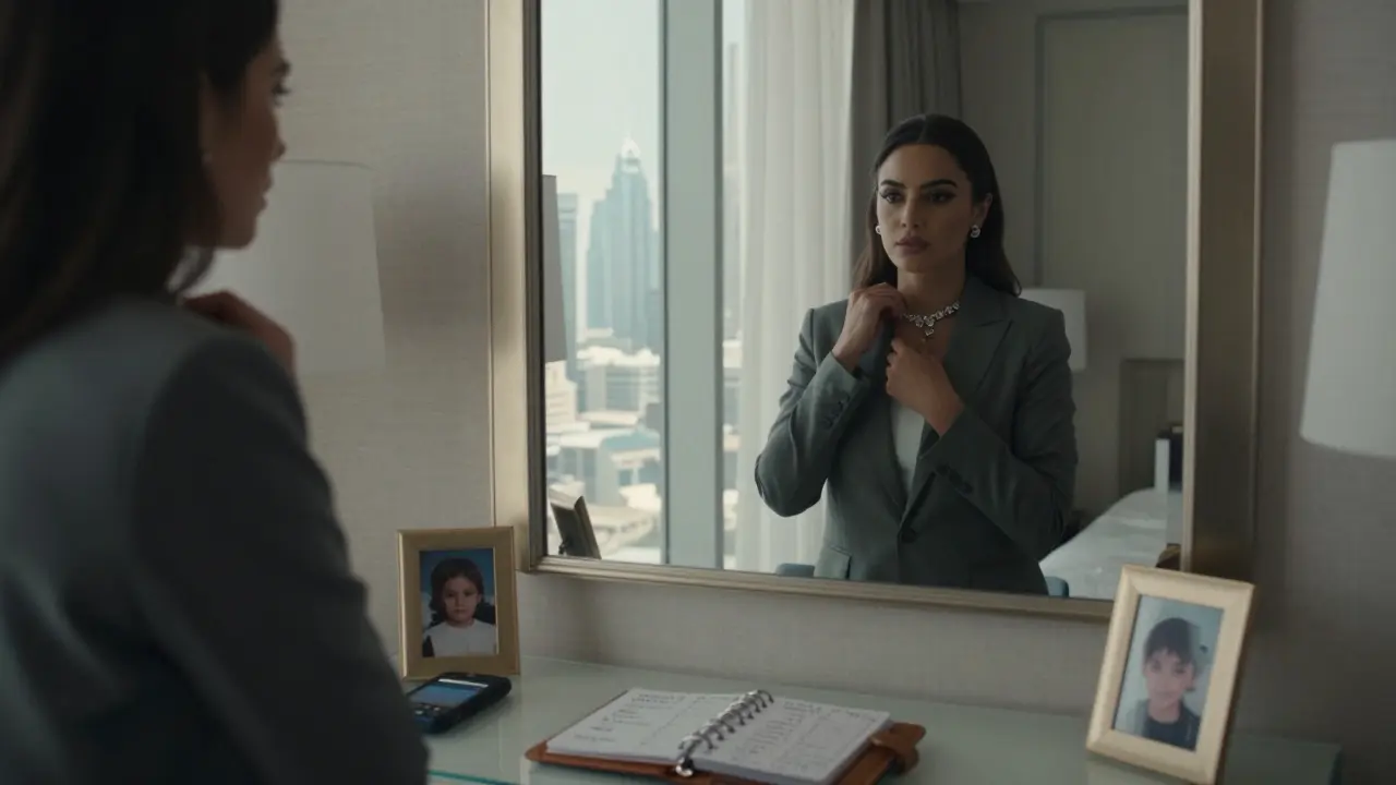 A woman in a Jumeirah apartment prepares for an event, surrounded by clues to her hidden life: a burner phone, planner, and an unidentified photo.
