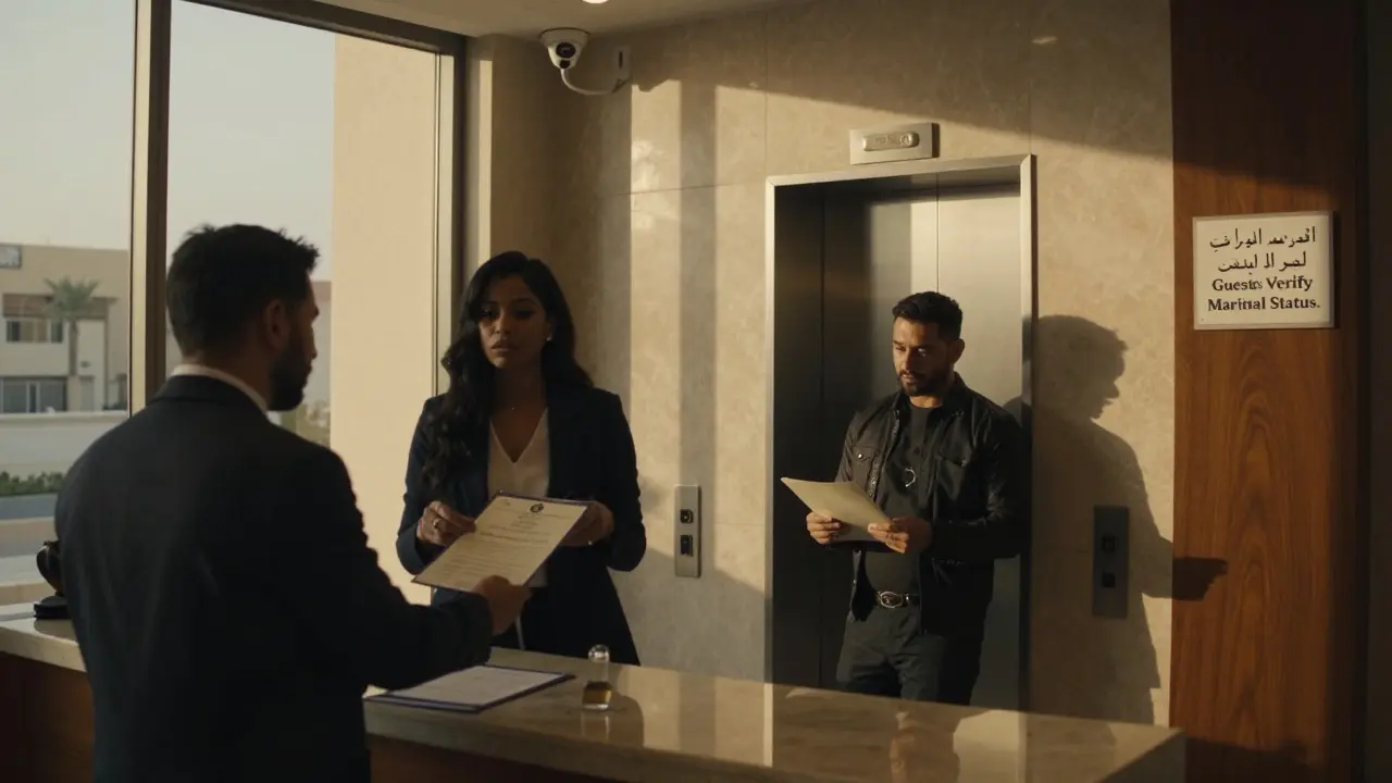 A woman presenting a marriage certificate at a Dubai hotel front desk under surveillance cameras.