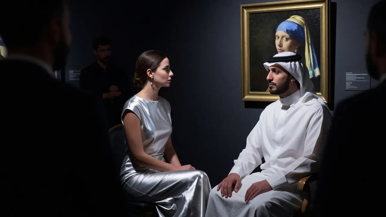 A woman sits beside a prince at an art auction in Dubai, her silent presence radiating poise as others fade into shadow.