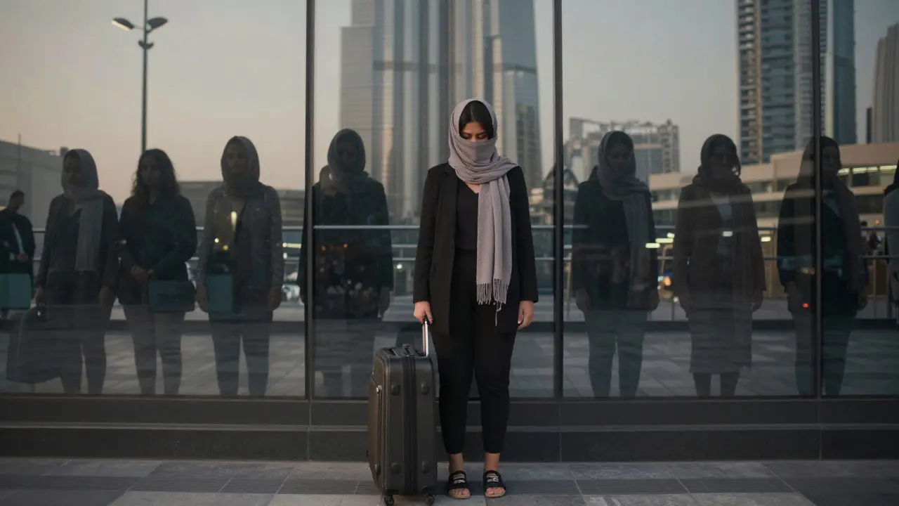 A woman stands at a Dubai metro station at dawn, suitcase in hand, her reflection showing others like her.