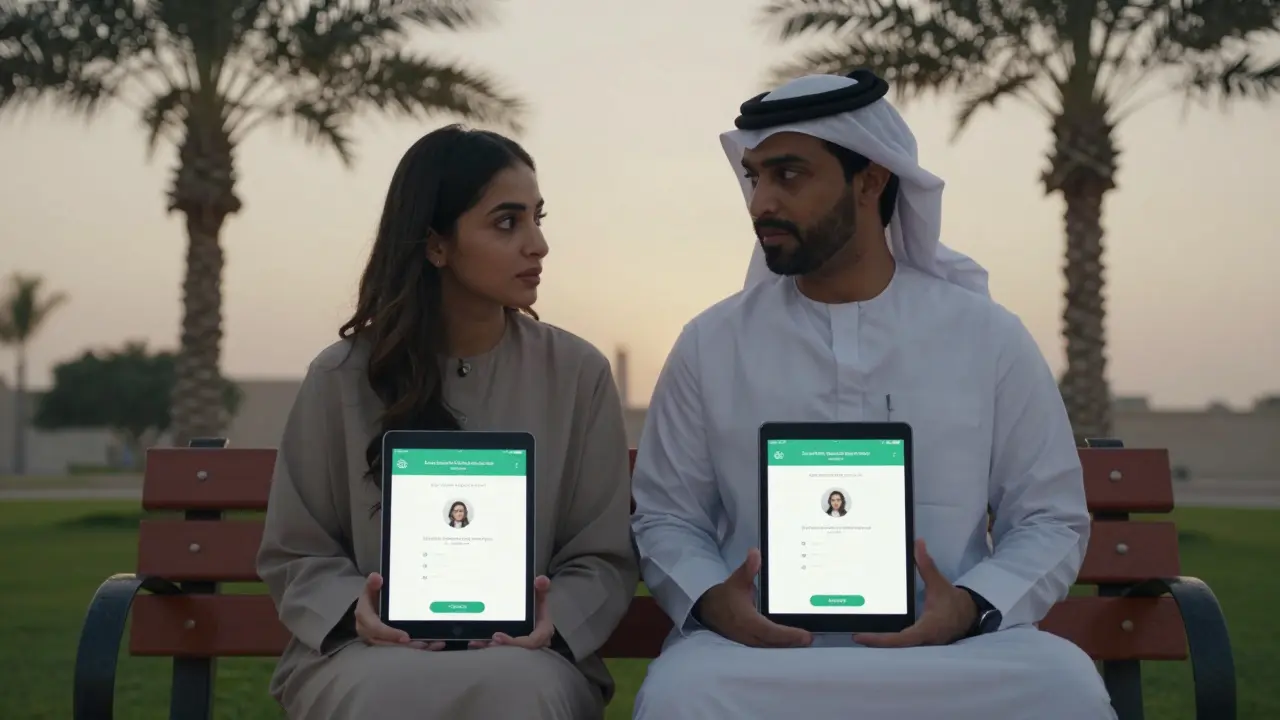 A young woman and man using the Dubai Health Authority app together on a park bench at sunset.